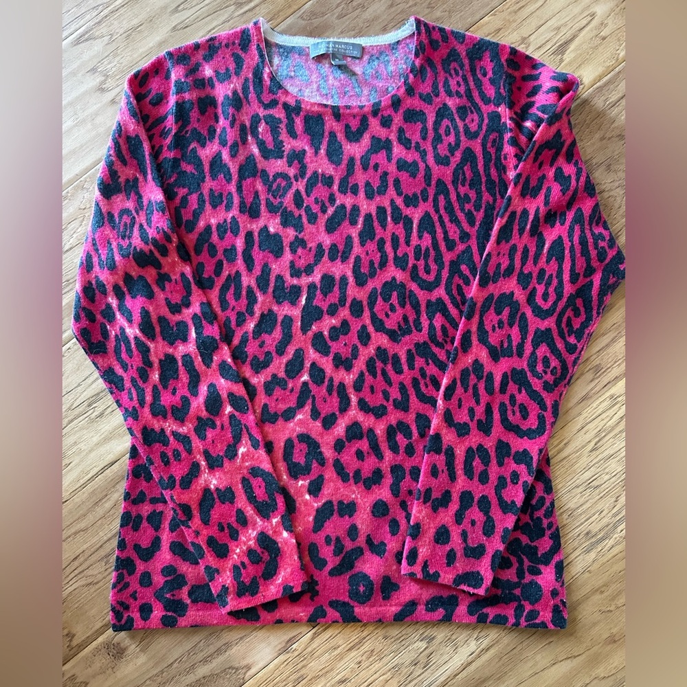 Neiman Marcus Pink and Black Leopard Cashmere Sweater